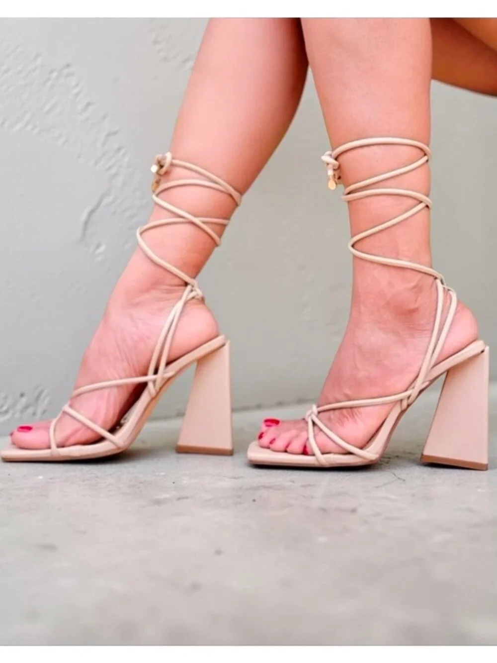 Nude Strappy Block Heel Sandals With Ankle Tie Design Square Toe